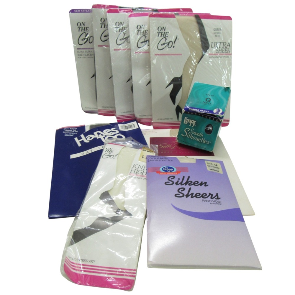 Lot Of 10 LEGGS/HANES TOO/ON THE GO Multicolor PANTYHOSE & KNEE HIGHS Sz Q QUEEN